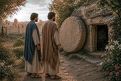 Peter and John stand for the empty tomb of Christ